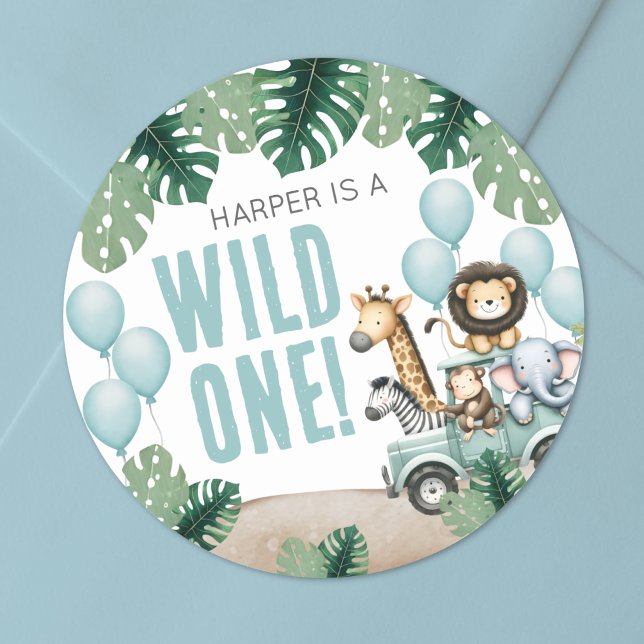 Pegatina Redonda Salvaje Cumpleaños Safari 1er. (Wild One Safari 1st Birthday Classic Round Sticker )