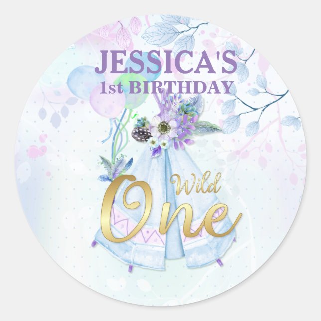 Pegatina Redonda Salvaje primer cumpleaños Blue TeePee Boho (Anverso)