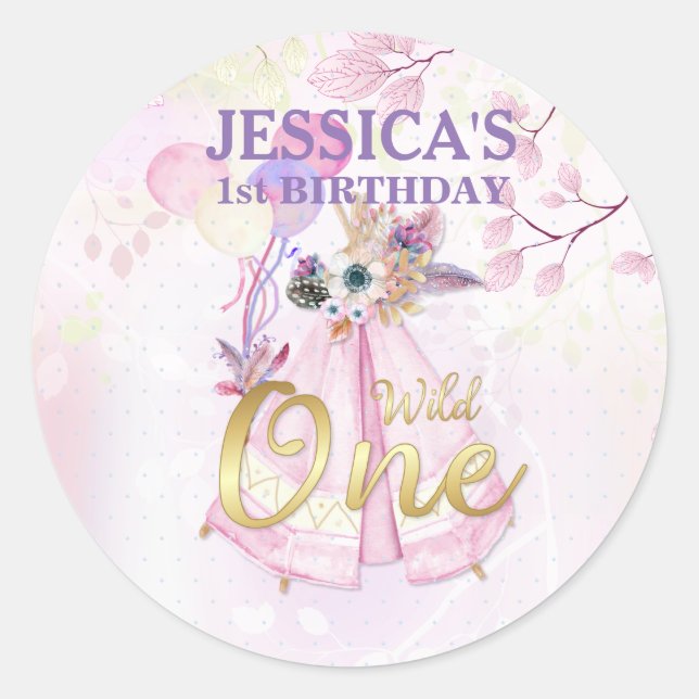 Pegatina Redonda Salvaje Un primer cumpleaños Pink TeePee Boho (Anverso)