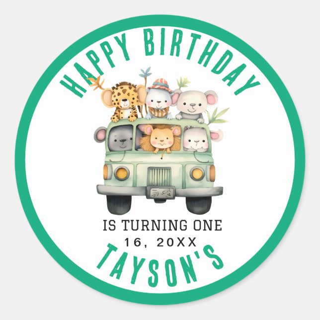 Pegatina Redonda Salvaje Un Safari de la Selva Niño Primer cumpleañ (Anverso)