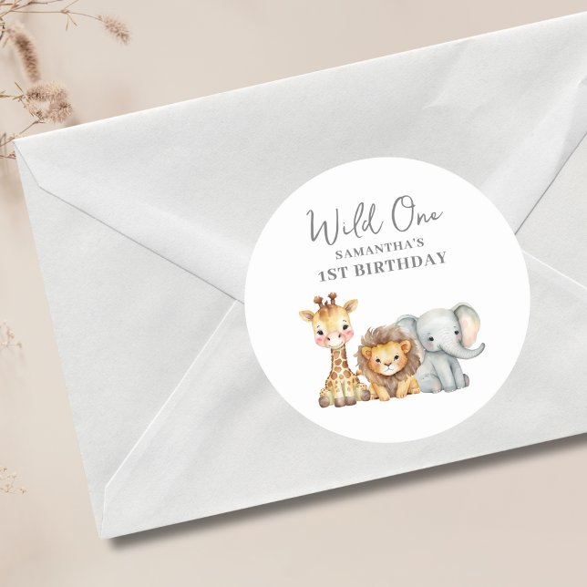 Pegatina Redonda Salvaje Un Safari Primer Cumpleaños (Subido por el creador)