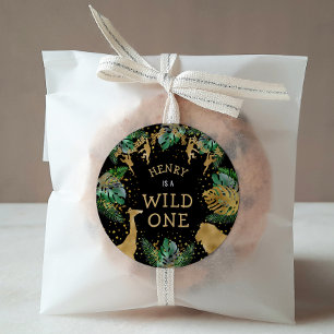 Pegatina Redonda Salvaje Un Safari Primer Fiesta de cumpleaños Verd