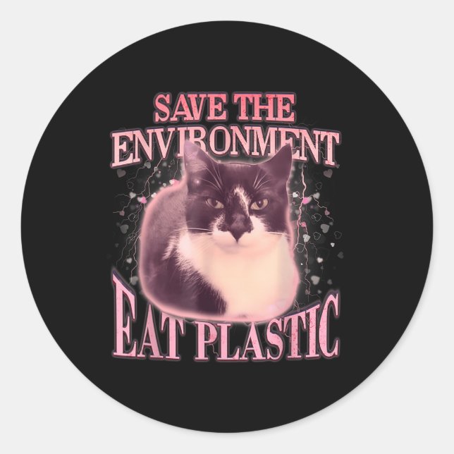 Pegatina Redonda Salvar el medio ambiente Comer Plastic Silly Cat M (Anverso)