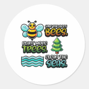Pegatina Redonda Salvar las abejas plantar árboles limpios Mares Me