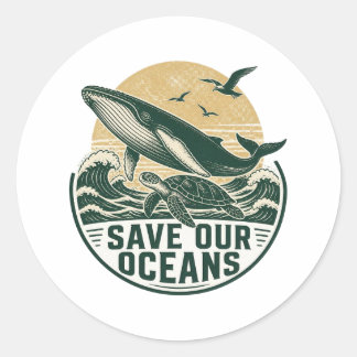 Pegatina Redonda Salvemos Nuestros Océanos Ambiental
