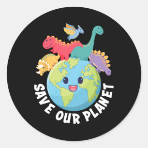 Pegatina Redonda Salven a nuestros Chicas del Planeta Dinosaur Eart