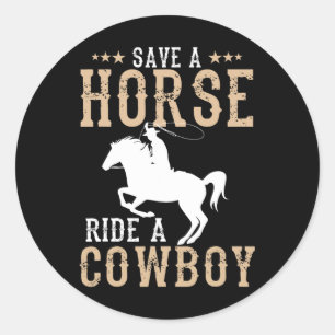 Pegatina Redonda Salven A Un Caballo Con Un Cowboy Divertido Caball