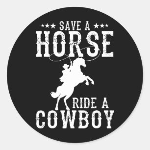 Pegatina Redonda Salven A Un Caballo Con Un Cowboy Divertido Caball