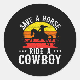 Pegatina Redonda Salven A Un Caballo En Un Vaquero Rodeo Occidental