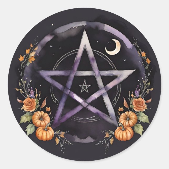 Pegatina Redonda Samhain Pentacle & Fall Pumpkins Witch (Anverso)