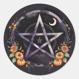 Pegatina Redonda Samhain Pentáculo y Bruja de Calabazas de Otoño