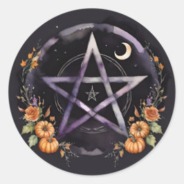 Pegatina Redonda Samhain Pentáculo y Bruja de Calabazas de Otoño