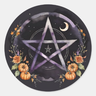 Pegatina Redonda Samhain Pentáculo y Bruja de Calabazas de Otoño