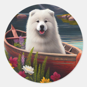 Pegatina Redonda Samoyed on a Paddle: Una aventura panorámica