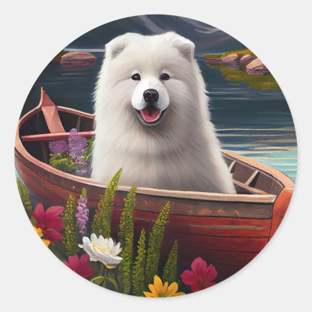 Pegatina Redonda Samoyed on a Paddle: Una aventura panorámica (Anverso)
