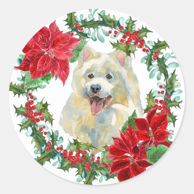 Pegatina Redonda Samoyed Poinsettia Holly Holiday Wreath (Anverso)