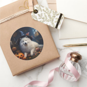 Pegatina Redonda Samoyed Pumpkins Halloween Scary