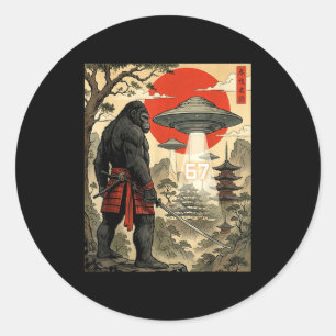 Pegatina Redonda Samurái Bigfoot 67 Seis Siete Meme Vintage Japonés