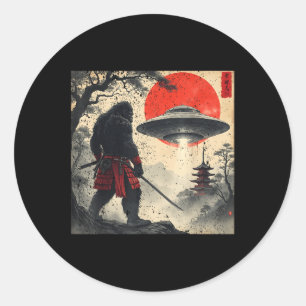 Pegatina Redonda Samurái Bigfoot Ovni Japonés Gráfico Vintage Ukiyo