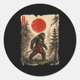 Pegatina Redonda Samurai Bigfoot Vintage japonés Sasquatch Ukiyo-e