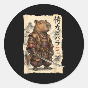 Pegatina Redonda Samurái Carpincho Arte Japonés Gráfico Antiguo Div