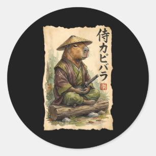 Pegatina Redonda Samurái Carpincho Arte Japonés Gráfico Antiguo Div