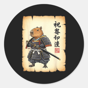 Pegatina Redonda Samurái Carpincho Arte Japonés Gráfico Antiguo Div