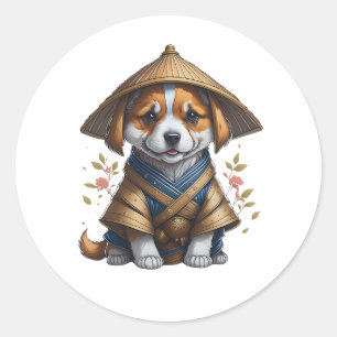 Pegatina Redonda Samurai Corgi Puppy