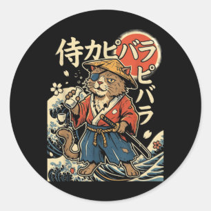 Pegatina Redonda Samurái de Capybara Gato Estética Japonesa Ukiyo-e
