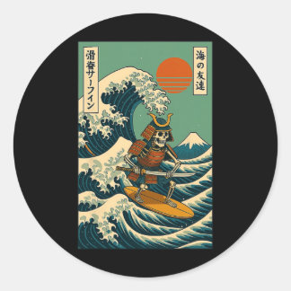 Pegatina Redonda Samurái Esqueleto Surfear Ola Japonesa