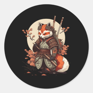 Pegatina Redonda Samurai Fox Warrii Japonés Ninja Fox Kawaii