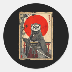 Pegatina Redonda Samurái Hurón Arte Japonés Vintage Guerrero Anime