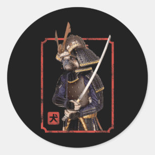 Pegatina Redonda Samurai japonés Ninja Pug Perro amante Kawaii Tatt