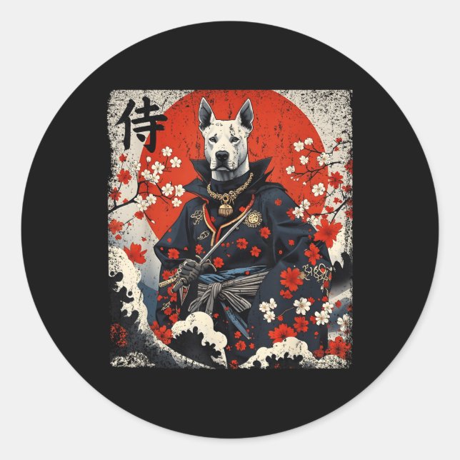 Pegatina Redonda Samurai japonés Pitbull Tattoo Kawaii Ukiyo-e Nin (Anverso)