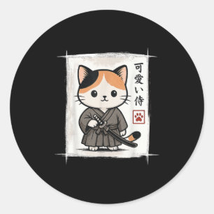 Pegatina Redonda Samurai Kitten Japonés Anime Kawaii Funny Cat Homb