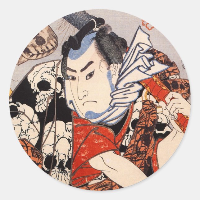 Pegatina Redonda Samurai lleva un patrón de cráneo (Anverso)