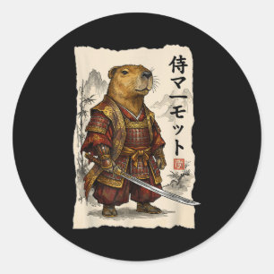 Pegatina Redonda Samurái Marmota Arte Japonés Guerrero Amor Animal