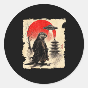 Pegatina Redonda Samurái Nutria Ovni Retro Arte Gráfico Japonés Gue