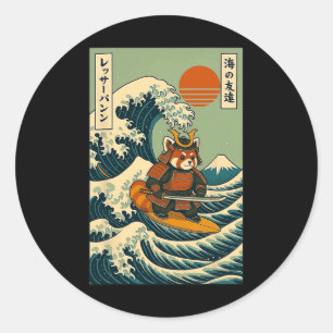 Pegatina Redonda Samurái Panda Rojo Surfing Ola Japonesa