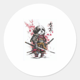 Pegatina Redonda Samurai Shih Tzu � perro guerrero épico