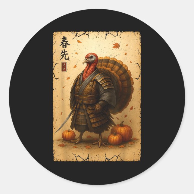 Pegatina Redonda Samurai Turkey Thanksgiving Japanese Warrior Anime (Anverso)