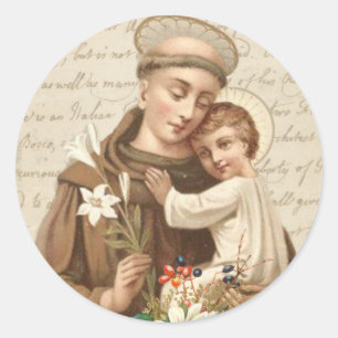 Pegatina Redonda San Antonio de Padua con el Niño Jesús Vintage