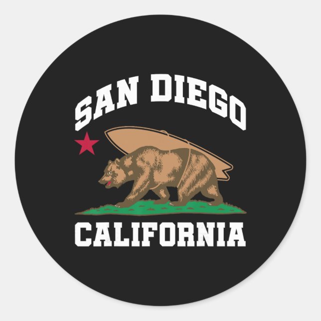 Pegatina Redonda San Diego California Bear Surfing Surfer  (Anverso)