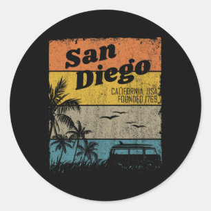 Pegatina Redonda San Diego Vintage California Playa Surf Retro S