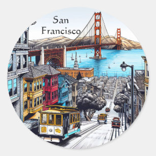Pegatina Redonda San Francisco, California Comic Book Style Art