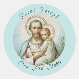 Pegatina Redonda San José, niño Jesús, personal del lirio, cruz