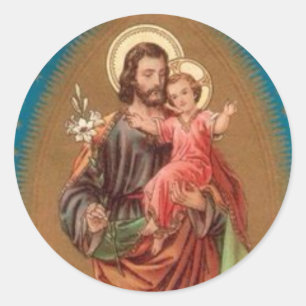 Pegatina Redonda San José, niño Jesús, vintage del lirio