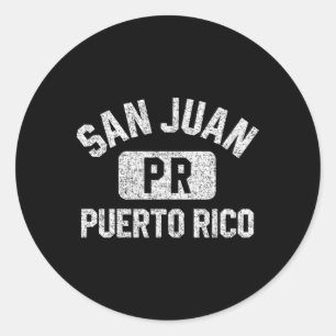 Pegatina Redonda San Juan por Puerto Rico Estilo Gimnasio Blanco an