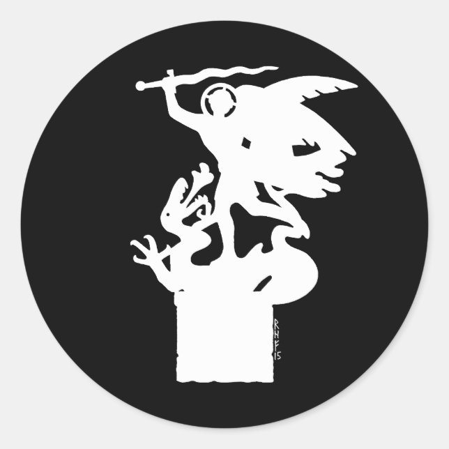 Pegatina Redonda San Miguel y Dragón (en blanco) (Anverso)