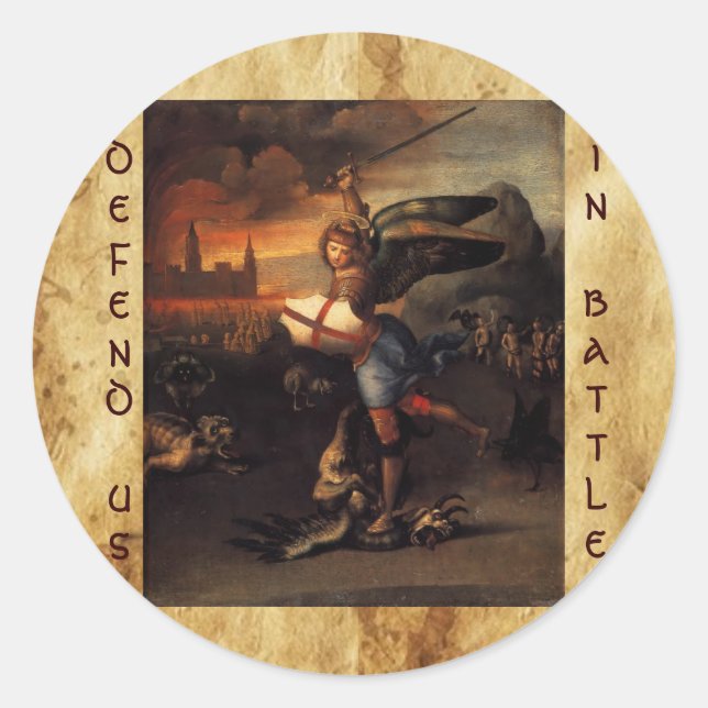 Pegatina Redonda San Miguel y el Dragón, negro marrón (Anverso)